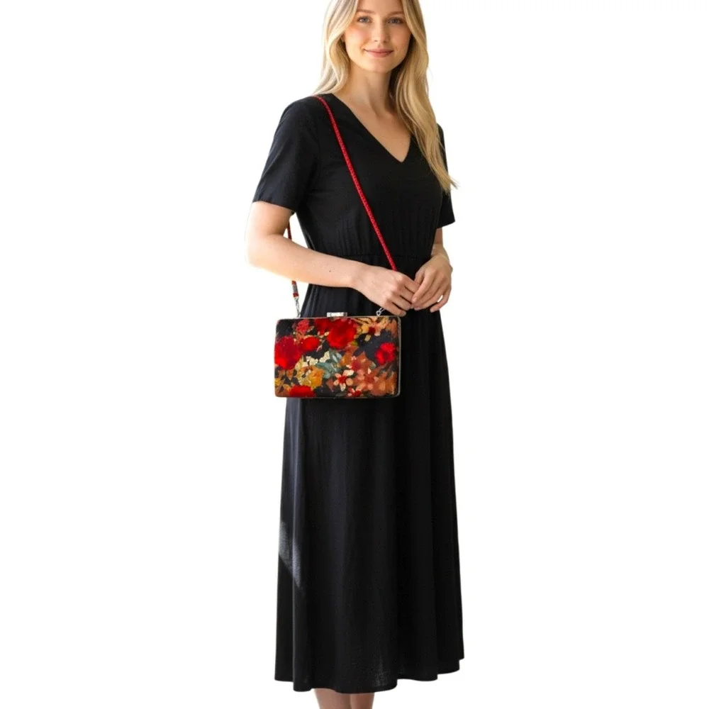 Vintage Floral Velvet Box Clutch‎ Evening Bag Black Red Crossbody Purse Silver